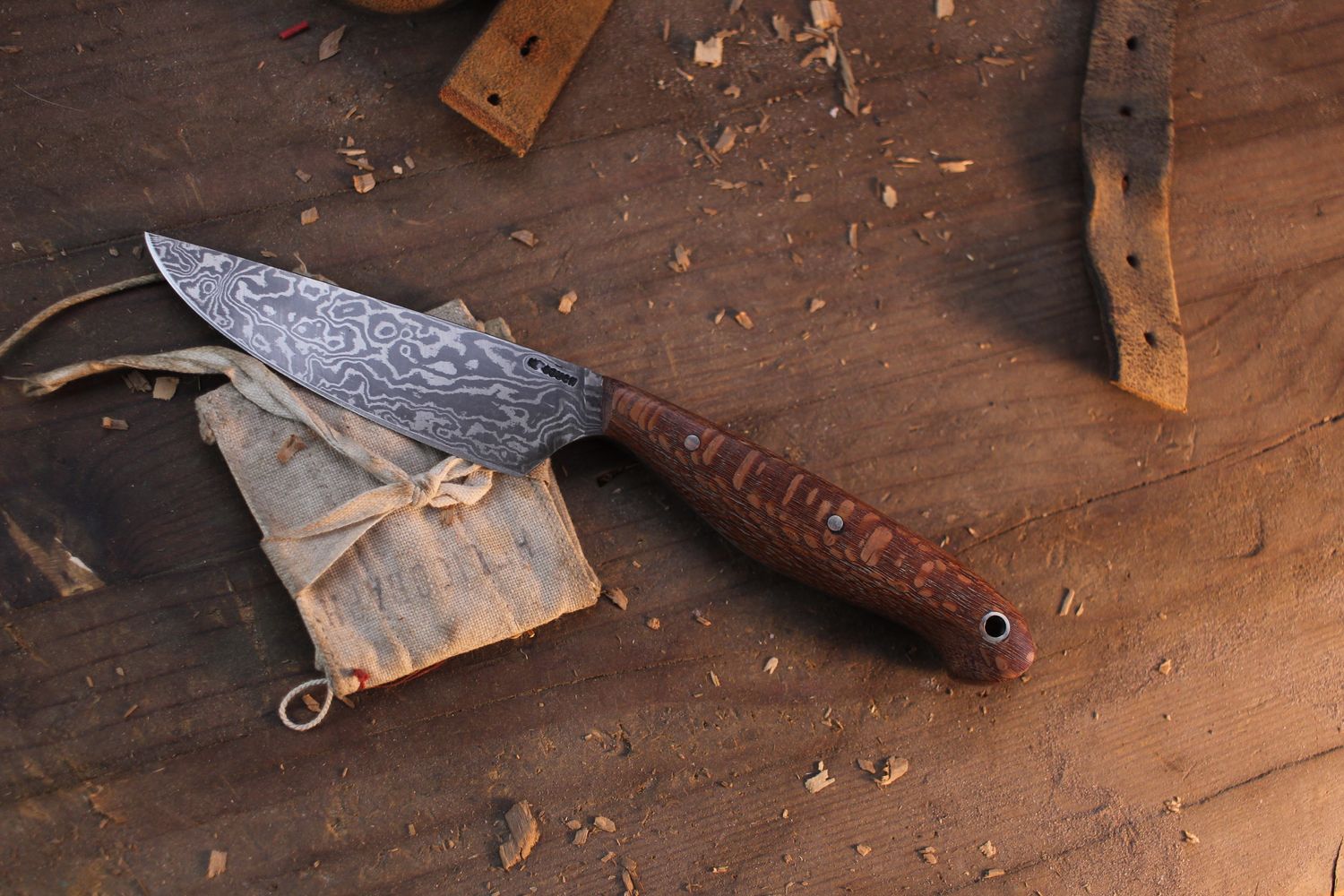 Mark Couch Large 4” Utility Knife / Lacewood / Alaskan Forged Damascus