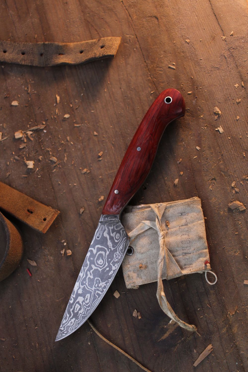 Mark Couch Large 4” Utility Knife / Padauk / Alaskan Forged Damascus