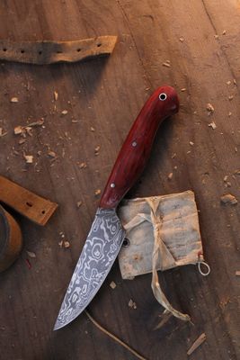 Mark Couch Large 4” Utility Knife / Padauk / Alaskan Forged Damascus