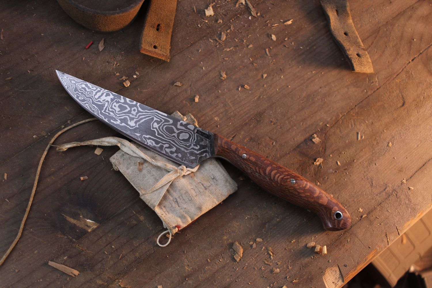 Mark Couch Large 5” Utility Knife / Lacewood / Alaskan Forged Damascus