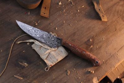 Mark Couch Large 5” Utility Knife / Lacewood / Alaskan Forged Damascus