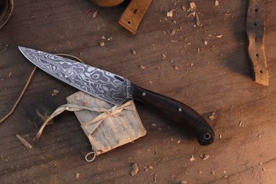 Mark Couch Large 5.25” Drop Point Hunter / Zircote Wood / Alaskan Forged Damascus