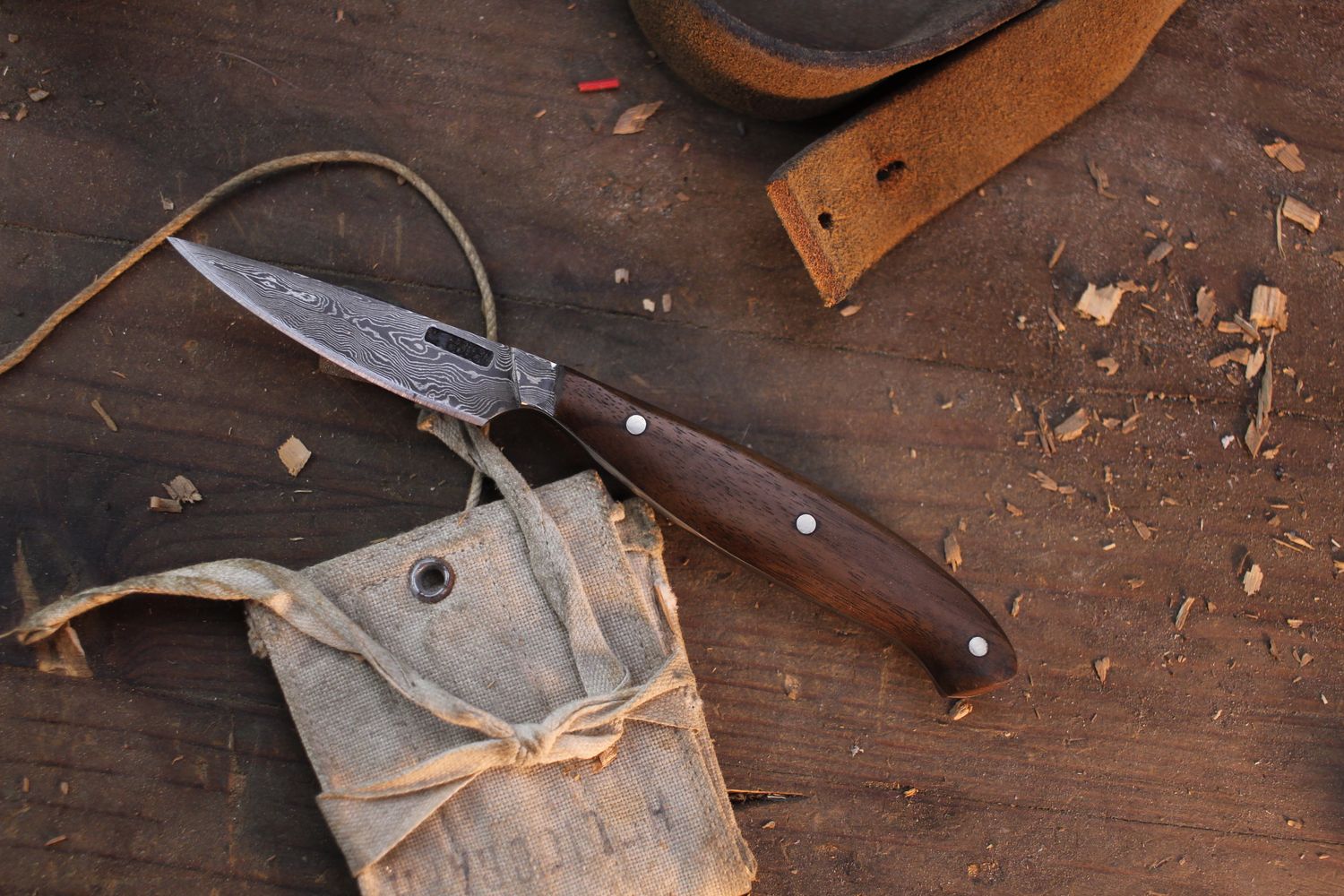 Mark Couch Small 2.365” Caper / Walnut / Alaskan Forged Damascus
