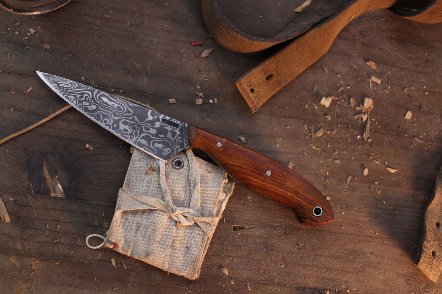 Mark Couch Large 4” Utility Knife / Ironwood / Alaskan Forged Damascus