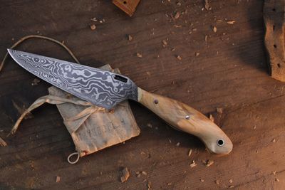 Mark Couch Large 4.5” Utility Knife / Maple / Alaskan Forged Damascus