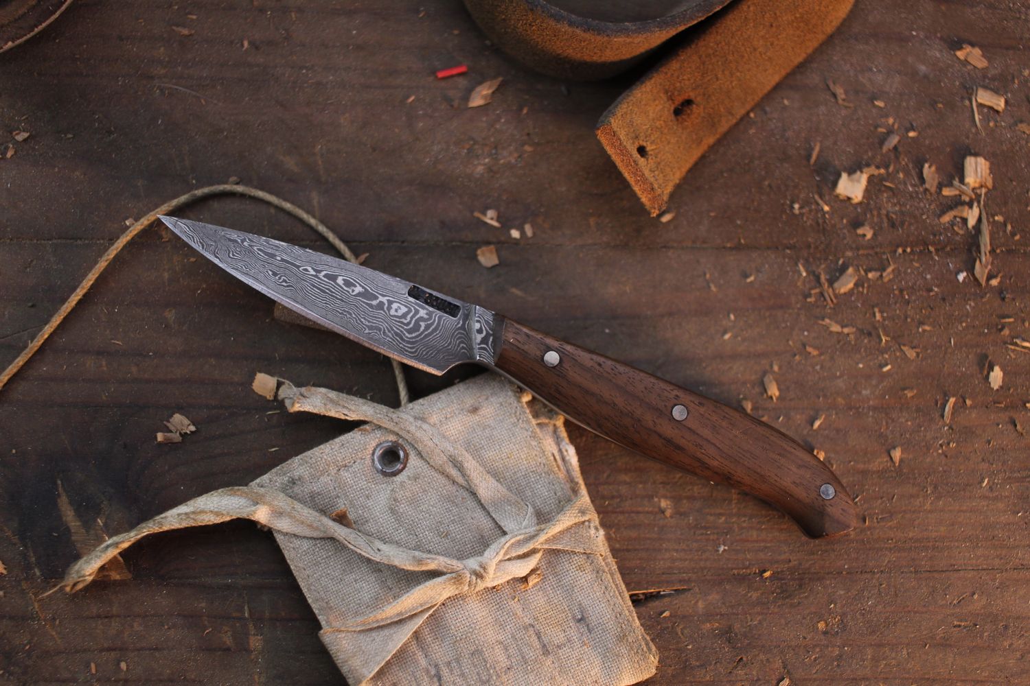 Mark Couch Small 2.125” Caper / Walnut / Alaskan Forged Damascus