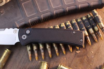 Chaves Knives + Pro-Tech Redencion 229 3.37" Button Lock Auto Folder / Black Stippled Aluminum / Stonewashed Tanto S35VN