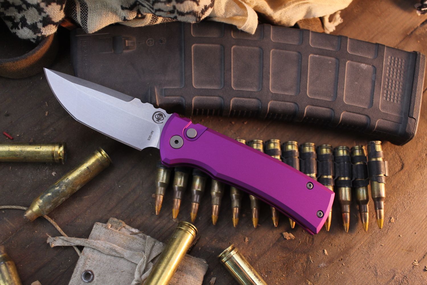 Chaves Knives + Pro-Tech Redencion 229 3.37&quot; Button Lock Auto Folder / Purple Aluminum / Stonewashed Tanto S35VN