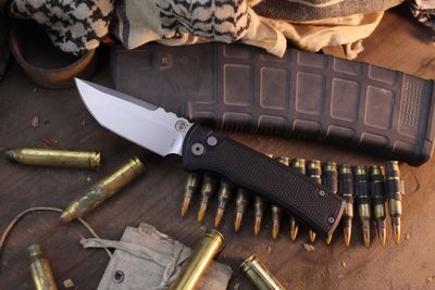Chaves Knives + Pro-Tech Redencion 229 3.37&quot; Button Lock Auto Folder / Black Stippled Aluminum / Stonewashed Tanto S35VN
