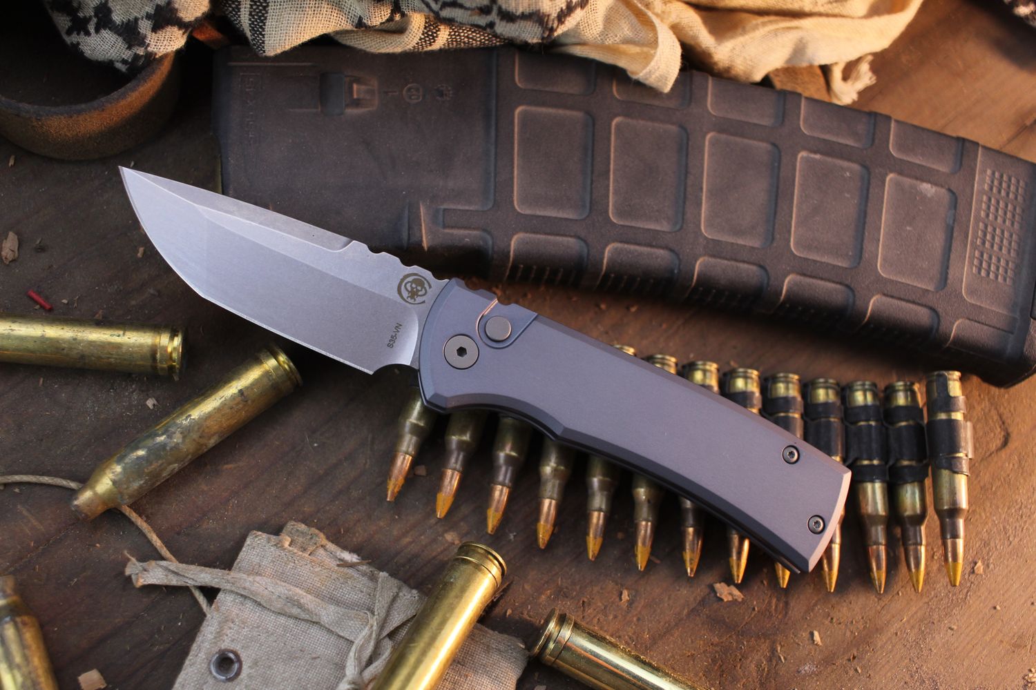 Chaves Knives + Pro-Tech Redencion 229 3.37&quot; Button Lock Auto Folder / Grey Aluminum / Stonewashed Tanto S35VN