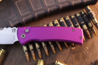 Chaves Knives + Pro-Tech Redencion 229 3.37" Button Lock Auto Folder / Purple Aluminum / Stonewashed Tanto S35VN