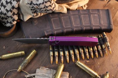 Chaves Knives + Pro-Tech Redencion 229 3.37" Button Lock Auto Folder / Purple Battle Worn Aluminum / Acidwashed Tanto S35VN