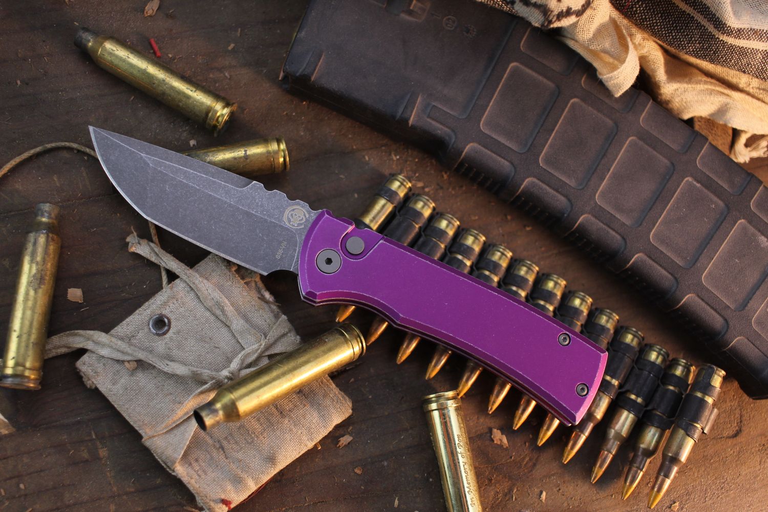 Chaves Knives + Pro-Tech Redencion 229 3.37&quot; Button Lock Auto Folder / Purple Battle Worn Aluminum / Acidwashed Tanto S35VN