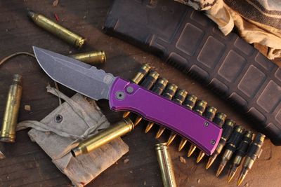 Chaves Knives + Pro-Tech Redencion 229 3.37&quot; Button Lock Auto Folder / Purple Battle Worn Aluminum / Acidwashed Tanto S35VN