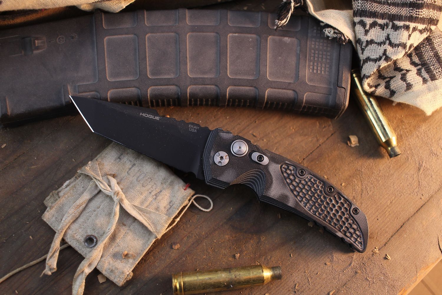 Hogue Knives EX-A01 Spearpoint 3.5" Button Lock Auto Folder / Black G-Mascus / Black 154CM ( Pre Owned )