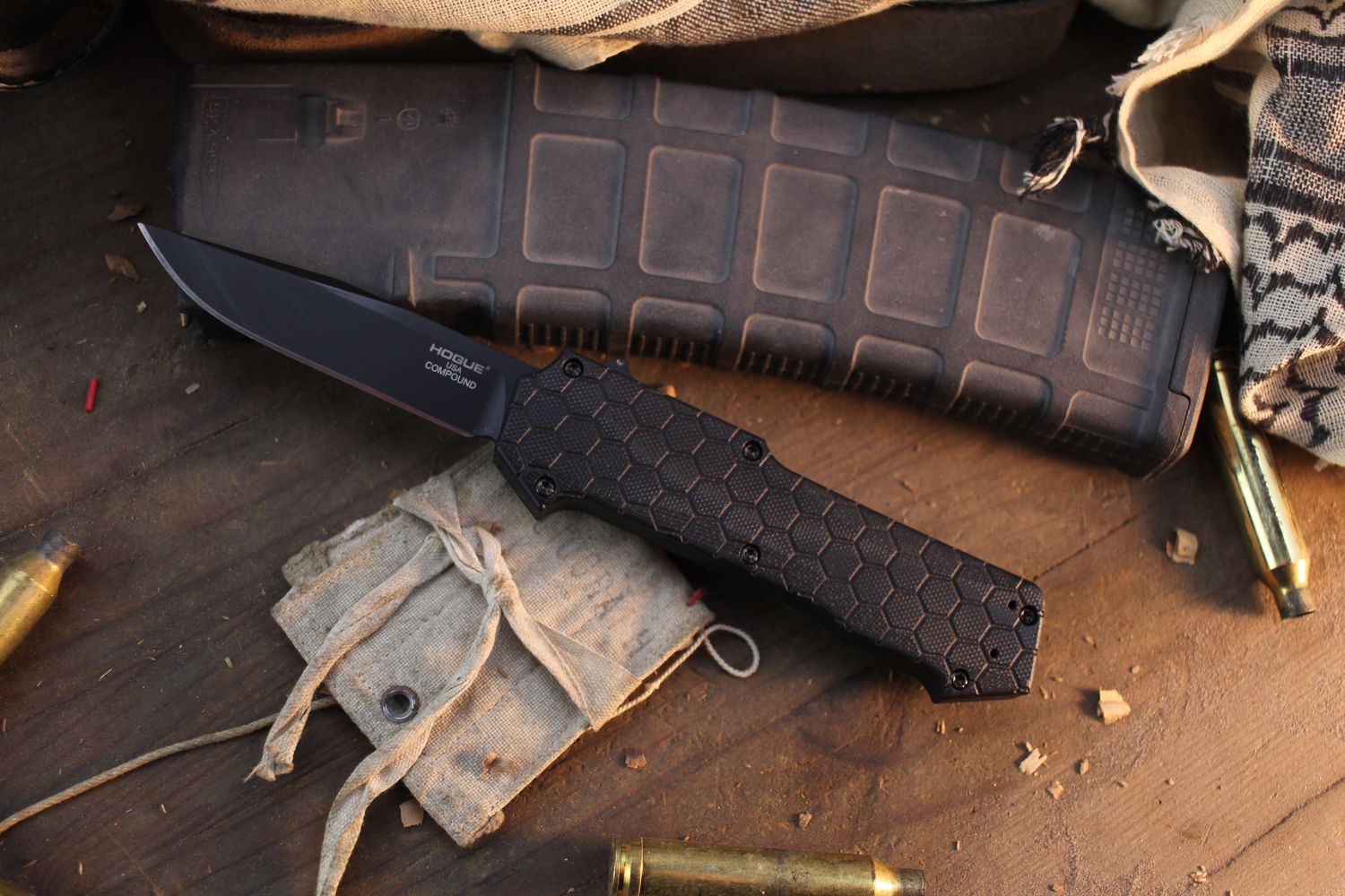 Hogue Knives Compound 3.5&quot; OTF Automatic / Black G-10 &amp; Tritium Infused Trigger / Black S30V Clip Point ( Pre Owned )