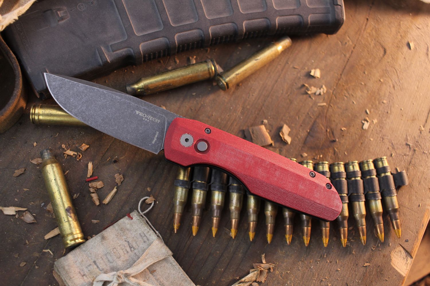 Pro-Tech Vero Synapse Auto 3.5&quot; Button Lock Auto Folder / Red Linen Micarta &amp; Black Aluminum / Acidwashed Magnacut