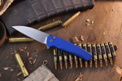 Pro-Tech Malibu Wharncliffe 3.3" Button Lock Flipper / Blue Aluminum / Stonewashed MaganaCut