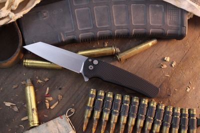 Pro-Tech Malibu Reverse Tanto 3.5" Button Lock Flipper / Black Textured Aluminum / Stonewashed MagnaCut