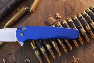 Pro-Tech Malibu Wharncliffe 3.3" Button Lock Flipper / Blue Aluminum / Stonewashed MaganaCut