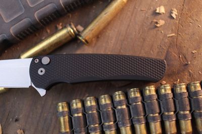 Pro-Tech Malibu Reverse Tanto 3.5" Button Lock Flipper / Black Textured Aluminum / Stonewashed MagnaCut