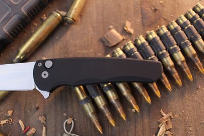 Pro-Tech Malibu Reverse Tanto 3.5" Button Lock Flipper / Black Aluminum / Stonewashed MagnaCut
