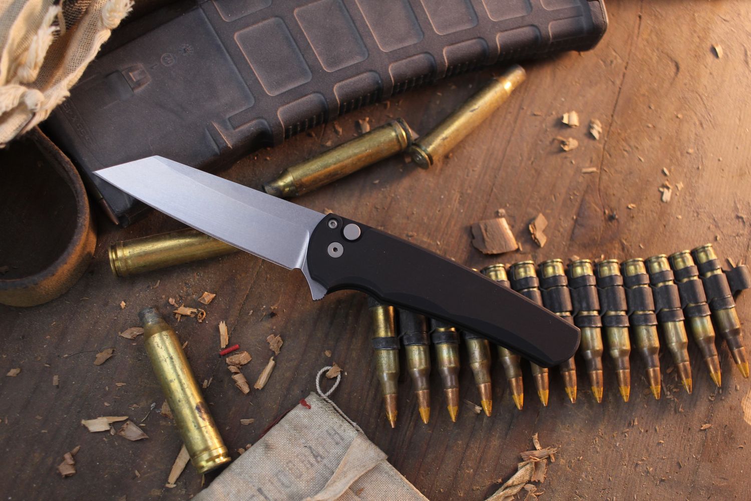 Pro-Tech Malibu Reverse Tanto 3.5&quot; Button Lock Flipper / Black Aluminum / Stonewashed MagnaCut