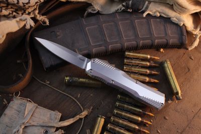 Kershaw Livewire Spear Point 3.3" OTF Auto /  Raw Aluminum / Stonewashed Magnacut