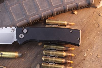 Chaves Knives + Pro-Tech Redencion 229 3.37" Button Lock Auto Folder / Black Aluminum / Stonewashed Tanto S35VN ( Pre Owned )