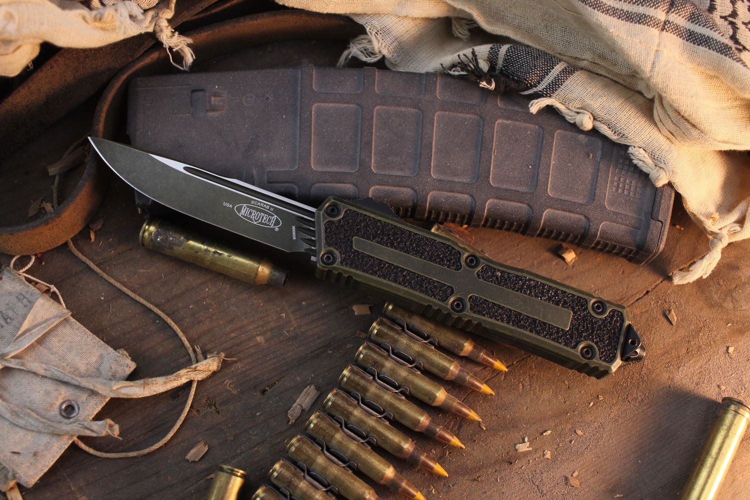 Microtech Scarab II Gen III S/E 3.875" Tactical AUTO OTF / Weathered Grenade Green / WGG M390MK ( Pre Owned )