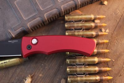 Pro-Tech Duke 2 2.65" Button Lock Auto Folder / Red Aluminum & Black Lip Pearl Button / Black DLC MagnaCut ( Pre Owned )