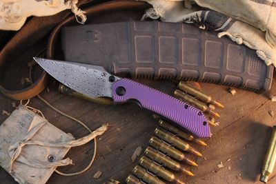 KANSEPT Fenrir 3.5" Framelock Front Flipper / Water Ripple Textured Purple Titanium / Damascus ( Pre Owned )