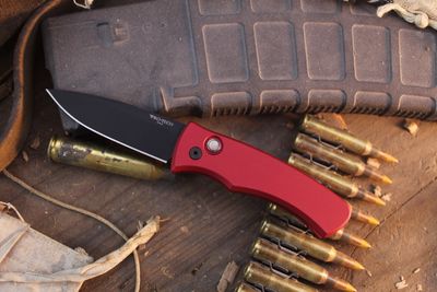 Pro-Tech Duke 2 2.65" Button Lock Auto Folder / Red Aluminum &amp; Black Lip Pearl Button / Black DLC MagnaCut ( Pre Owned )
