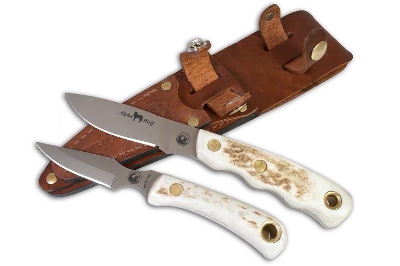 Knives of Alaska Alpha Wolf / Cub Bear Combination Fixed Blade Hunting Knife Set (D2 Steel / Stag Handle) W/Dual Leather Sheath