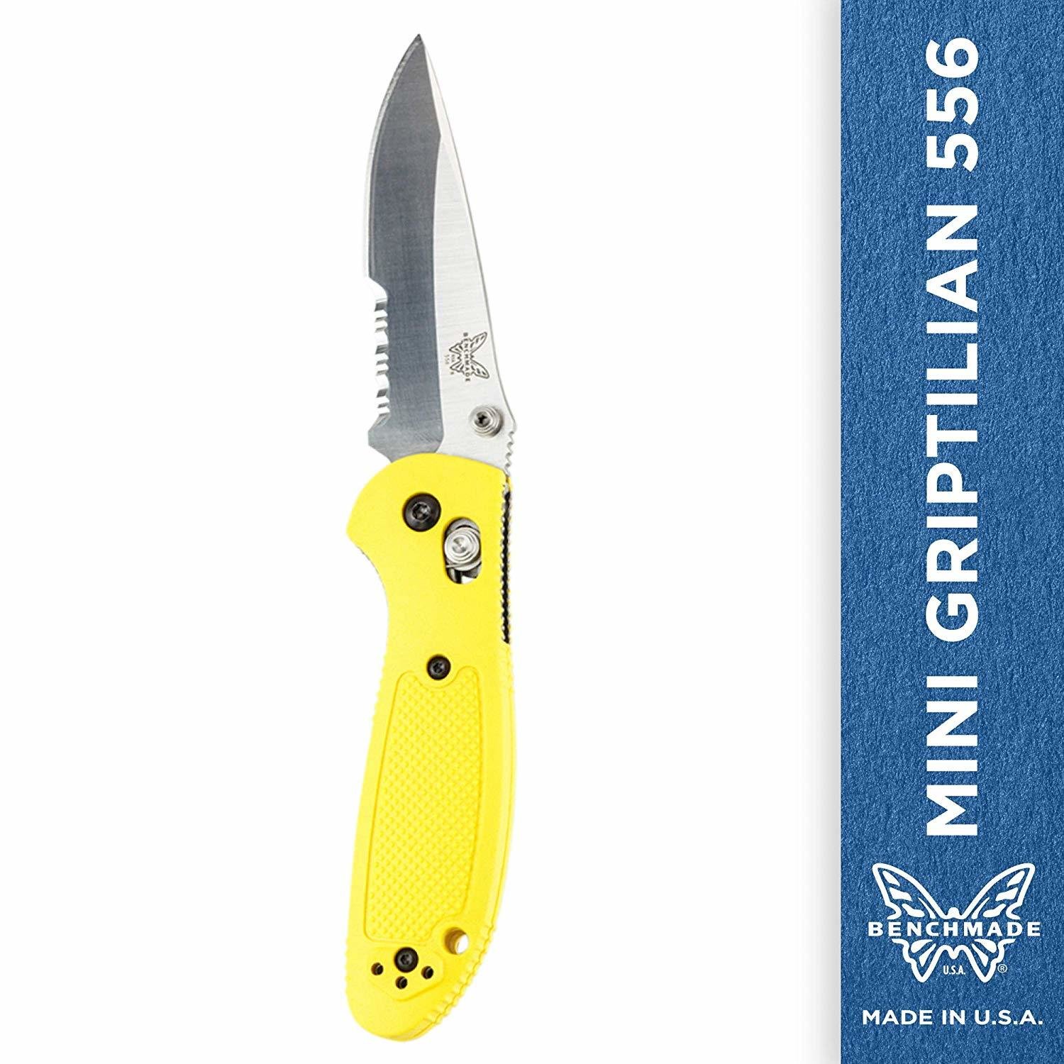 Benchmade Mini Griptilian 2.91&quot; AXIS Lock Knife / Satin Serrated / Yellow (Discontinued)