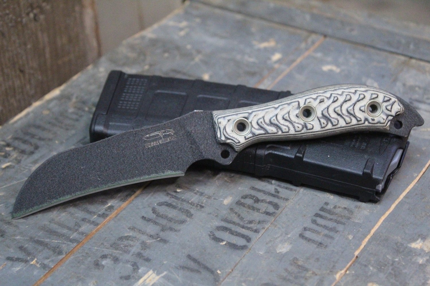 Busse Combat SUS Scrofa 4.65&quot; Fixed Blade Knife, Tan &amp; Black G-10 / INFI Black Crinkle Coat