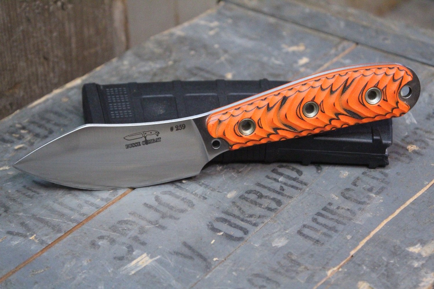 Busse Combat Limited Edition MUK 4.25&quot; Fixed Blade Knife, Orange &amp; Black G-10 / Polished INFI
