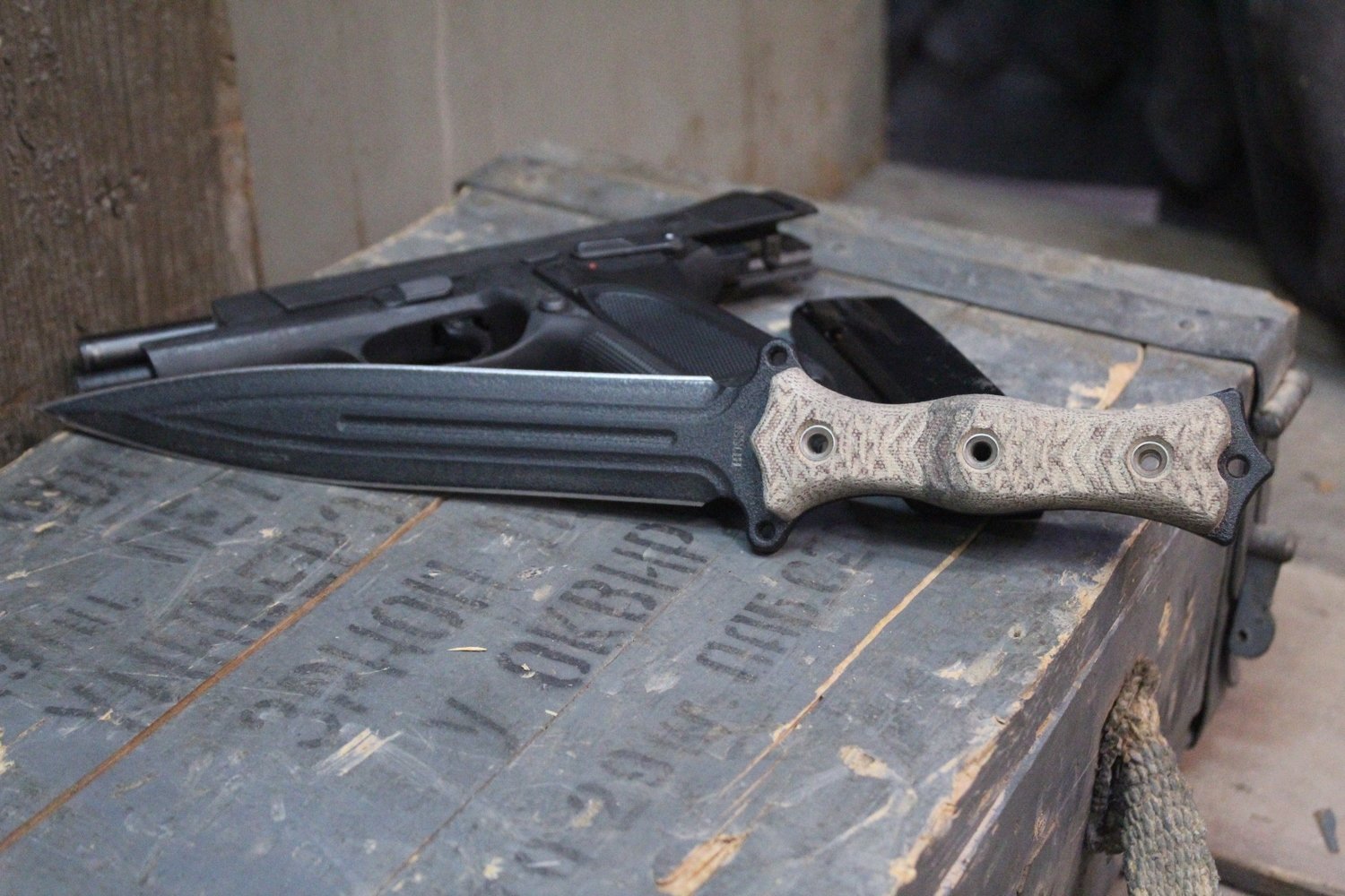 Busse Combat Force Multiplier V8 8&quot; Fixed Blade Dagger,  Tan &amp; Black Micarta, Black Powder Coated INFI