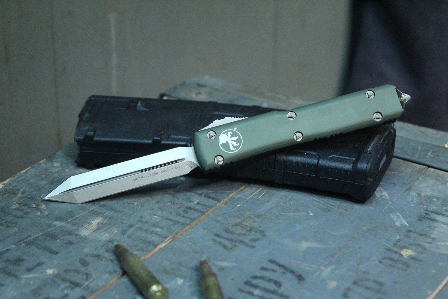 Microtech Spartan Ultratech OTF 3.4&quot; Automatic Knife, OD Green / Bronze ( Pre Owned )