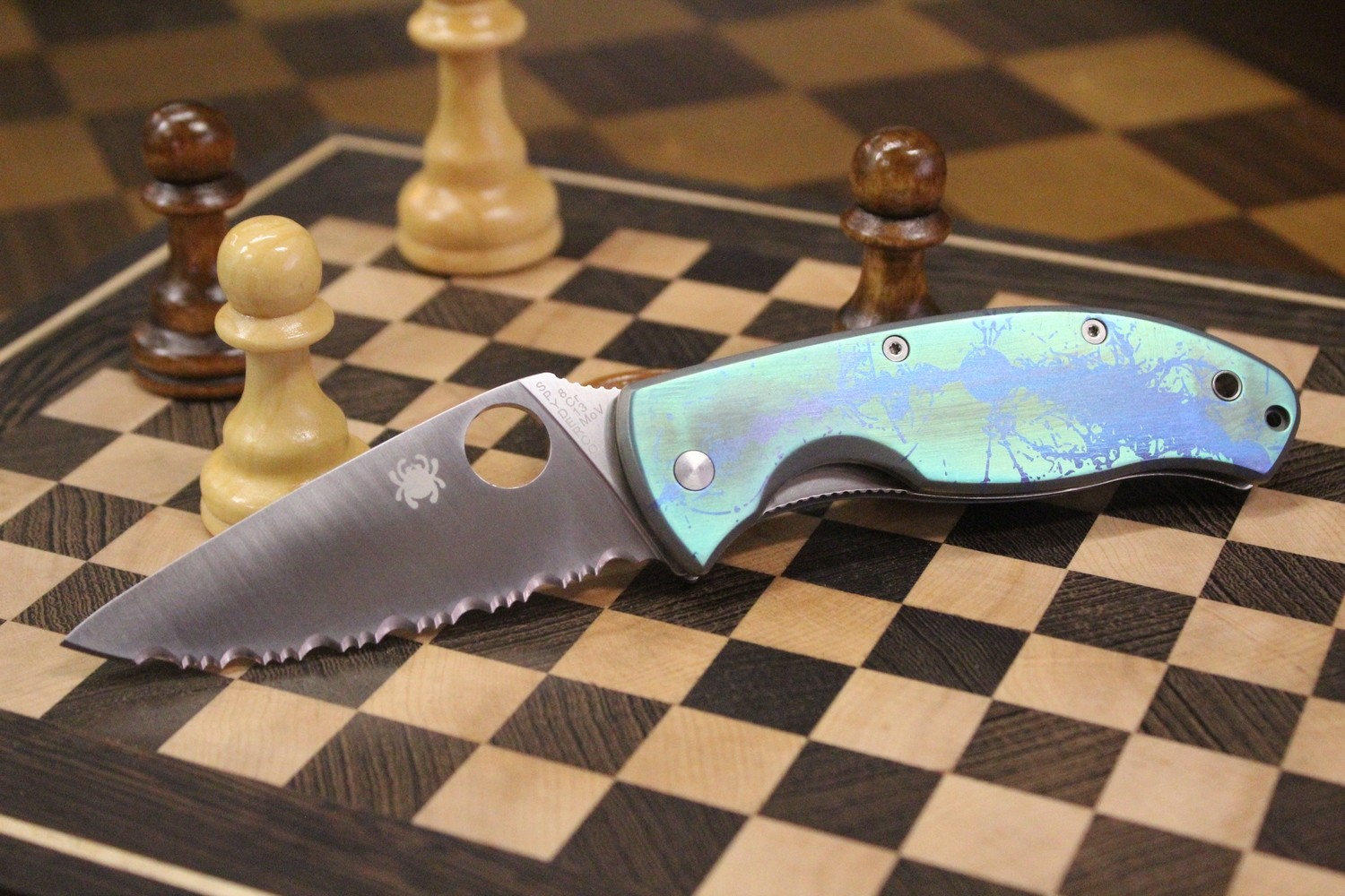 Spyderco Tenacious 3.375&quot; Folding Knife, Custom Anodized Titanium  / Satin Full Serrated