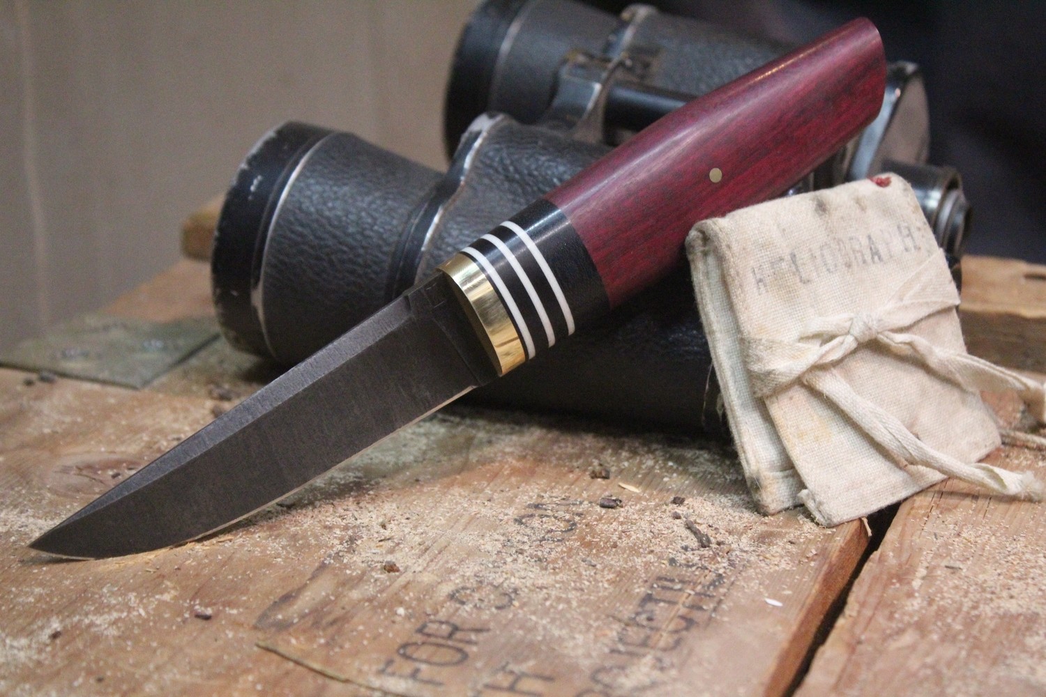 Isley Blades F23 4&quot; Fixed Point Blade, Black Micarta &amp; White G-10 Bolster - Purple Heart Wood / O1 Black Wash