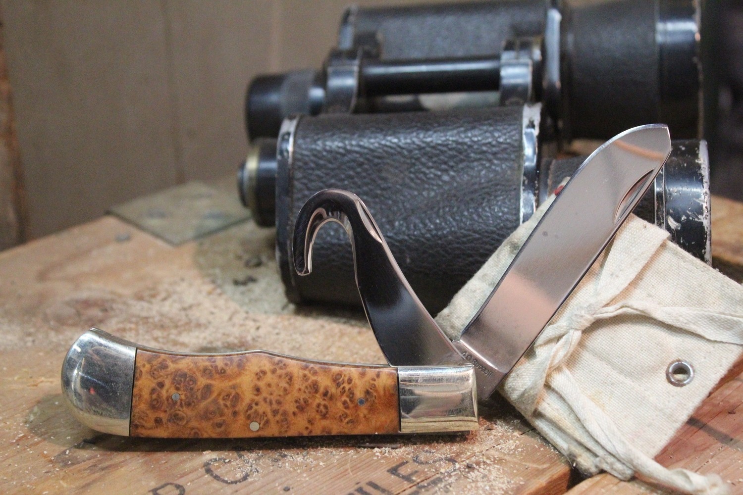 A.G. Russell Classic 1997 3.5&quot; Slip Joint Knife, Burl Wood / Spey Blade &amp; Gut Hook