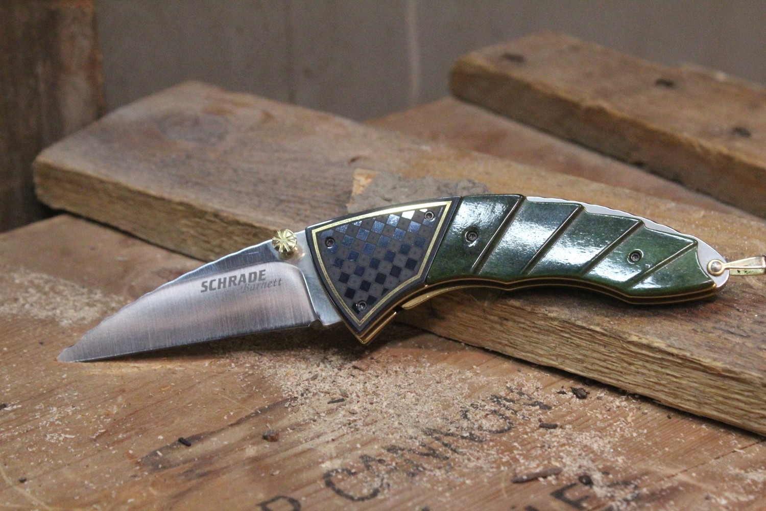 Schrade Barnett Limited Edition 2.75&quot; Folder,  Jade Green Bone With Titanium And  24K Gold Inlay / ATS-34