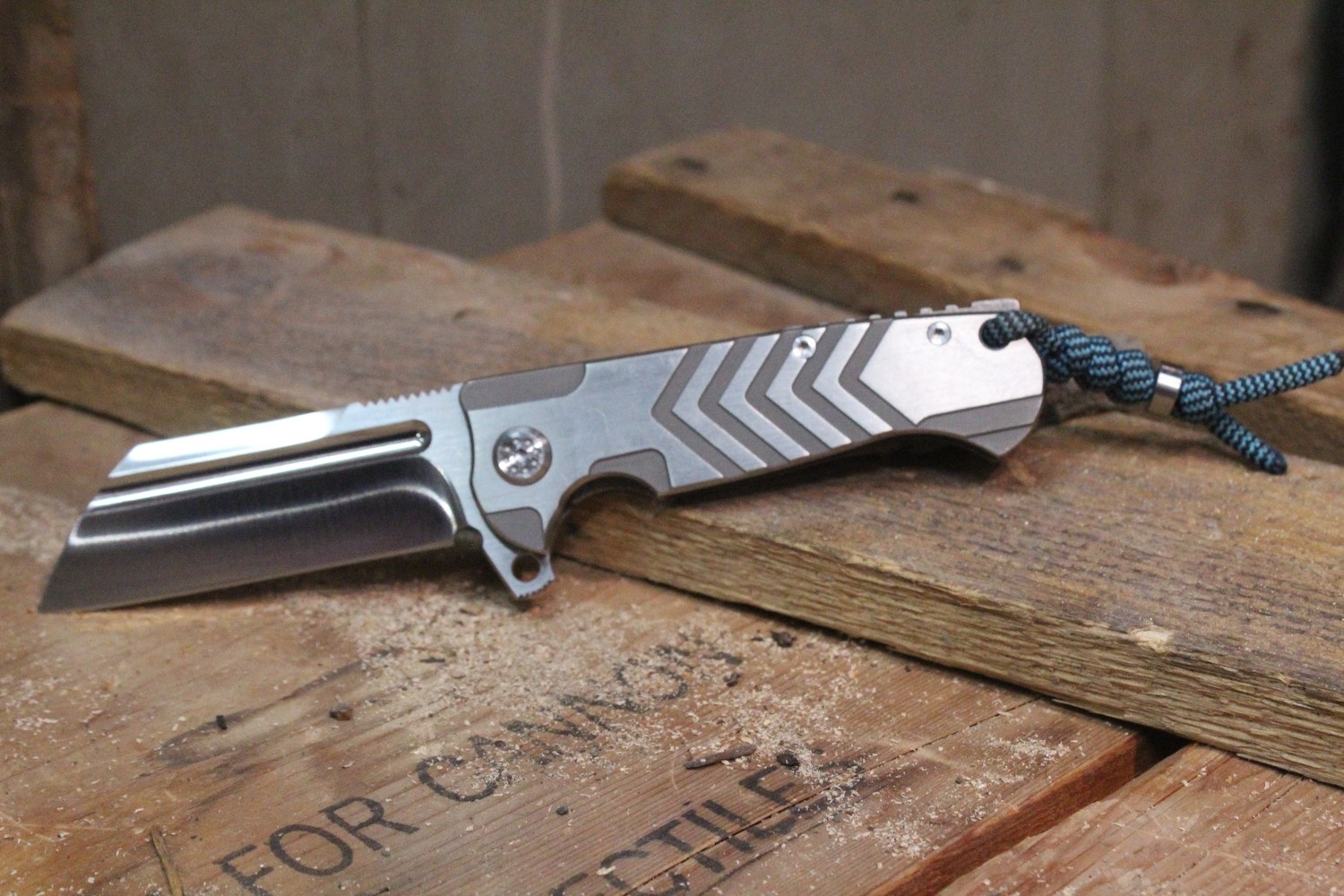 Andre de Villiers Mid-Tech Mini Butcher 3&quot; Flipper Knife, Titanium / Satin Wharncliff