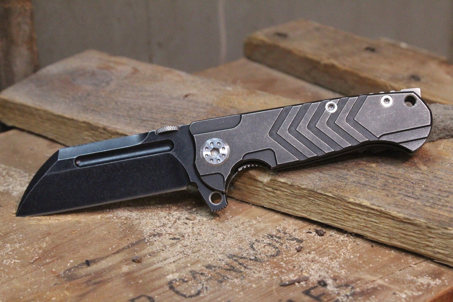 Andre de Villiers Mid-Tech Mini Butcher 3&quot;  Flipper Knife, Distress Blackwash Titanium / Blackwash Wharncliff