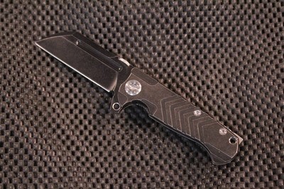 Andre de Villiers Mid-Tech Mini Butcher 3"  Flipper Knife, Distress Blackwash Titanium / Blackwash Wharncliff
