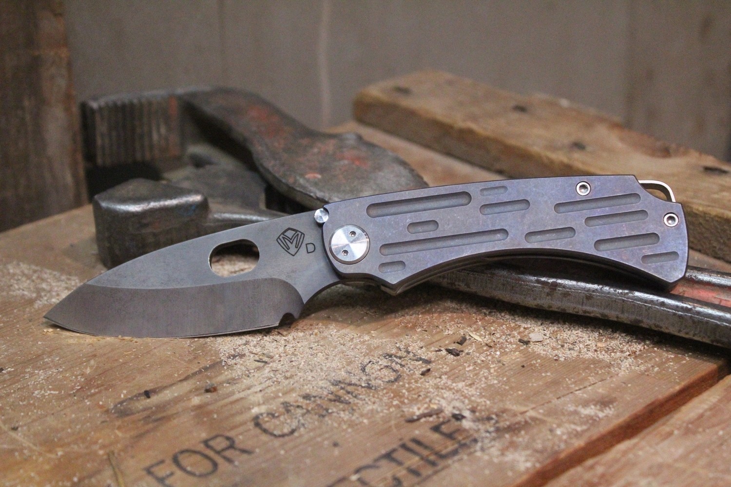 Medford Knife and Tool (MKT) Colonial T 3.5&quot; Frame Lock Knife, Tumbled Titanium / Stonewash