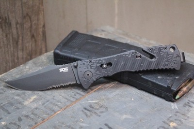 SOG Trident 3.75" Folding Knife, Black GRN / Black Serrated ( Pre Owned )