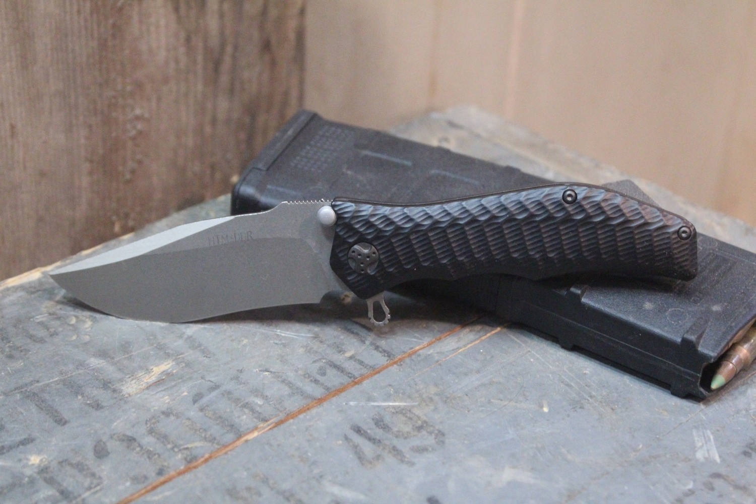 HTM Limited Edition DDR Gun Hammer 3-1/2&quot; Torpedo Knife, Black Aluminum Handles / Satin M390 ( Pre Owned )