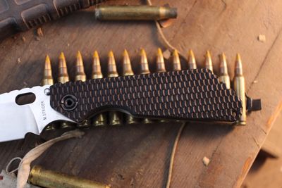 Strider MSC SMF 3.875" Framelock Folder / Black Aluminum Gunner Grip &amp; Flamed Titanium / Stonewashed 20CV ( Pre Owned )